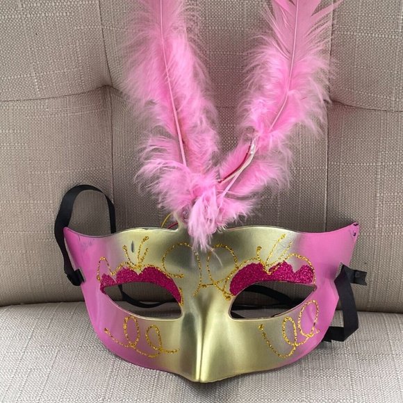 Light Up Mask Pink Faux Feather Party Mask Women Masquerade Eye Mask - Picture 1 of 11